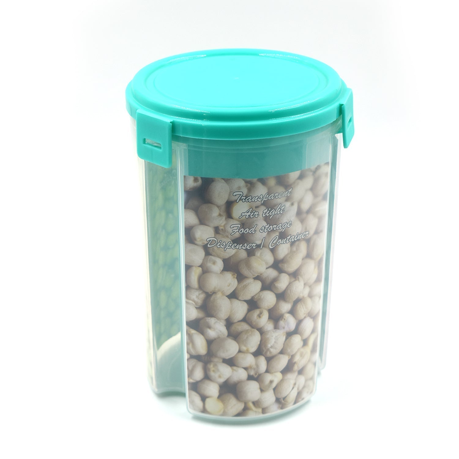Clear, airtight storage dispenser set with three compartments and a color box. Clear, airtight storage dispenser set with three compartments and a color box.